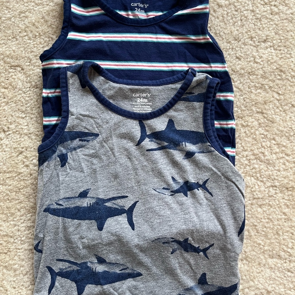 Carter's Blue and Gray Tank Tops with Shark and Striped Designs